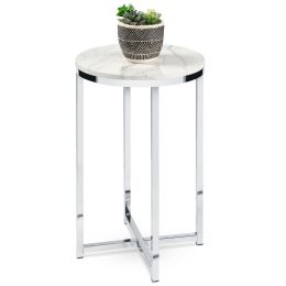 Round Cross Leg Design Coffee Side Table Nightstand with Faux Marble Top White/Chrome