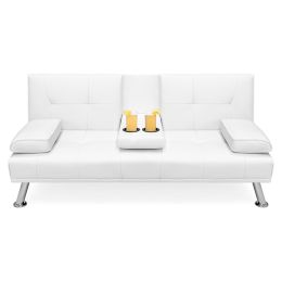 White Faux Leather Convertible Sofa Futon with 2 Cup Holders