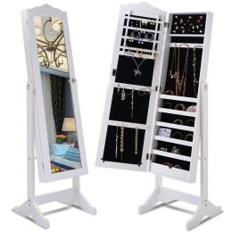 Locking White Wood Jewelry Armoire Cabinet Floor Mirror