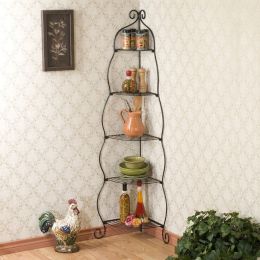 Corner Bakers Rack 5-Tier Shelves with Decorative Metal Scrollwork