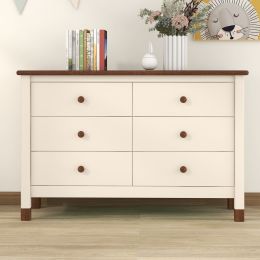 Wooden Storage Dresser with 6 Drawers; Storage Cabinet for kids Bedroom; Cream+Walnut