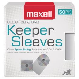 Maxell 190150 CD/DVD Plastic Keeper Sleeves, 50 Pack, Clear